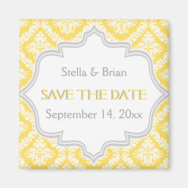 Lemon yellow, grey damask wedding Save the Date Magnet (Front)