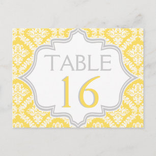 Lemon yellow, grey damask wedding table number