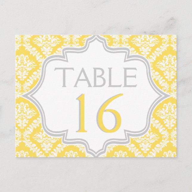 Lemon yellow, grey damask wedding table number (Front)