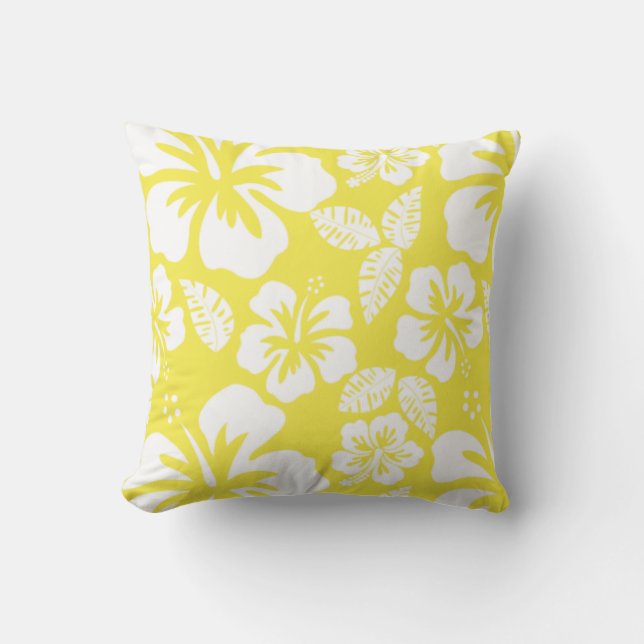 Lemon Yellow Hawaiian Tropical Hibiscus Throw Pillow (Front)