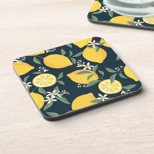 Lemon Yellow Leaf Pattern Beverage Coaster