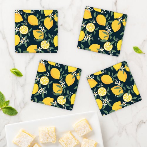 Lemon Yellow Leaf Pattern Coaster Set