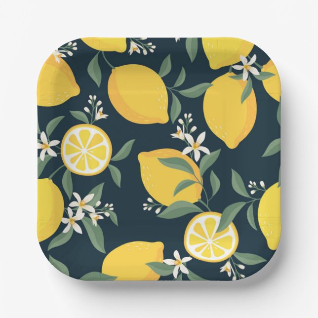 Lemon Yellow Leaf Pattern Paper Plates (Front)