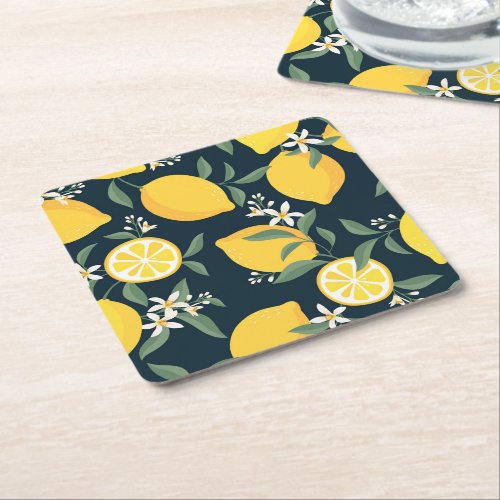 Lemon Yellow Leaf Pattern Square Paper Coaster