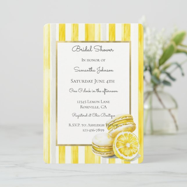 Lemon Yellow Macarons Stripes Bridal Shower Invitation (Standing Front)