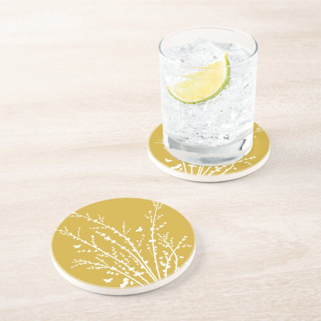 Lemon Yellow Minimal Butterflies and Branches  Coaster (Side)