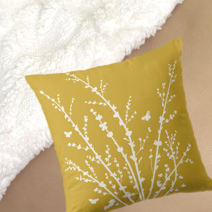 Lemon Yellow Minimal Butterflies and Branches Throw Pillow