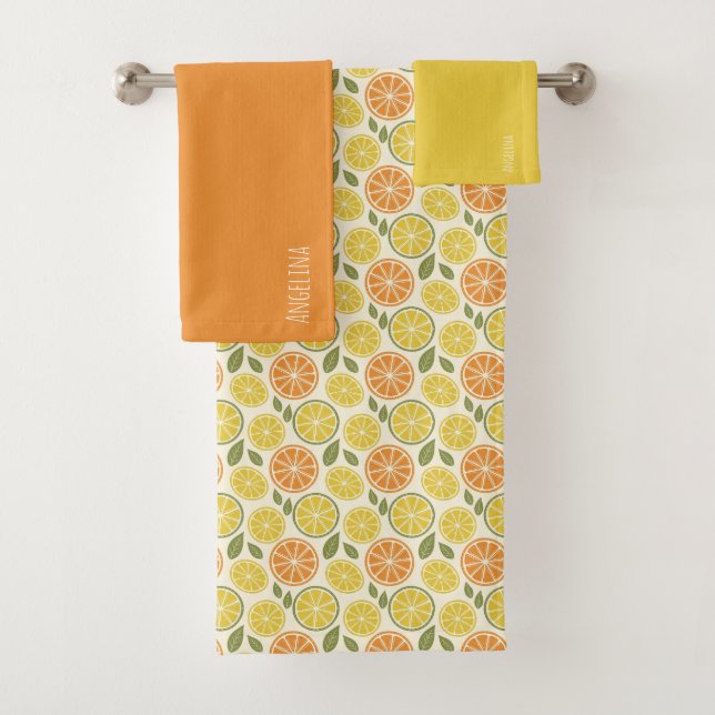 Lemon yellow orange  Pattern white name Bath Towel Set (Insitu)
