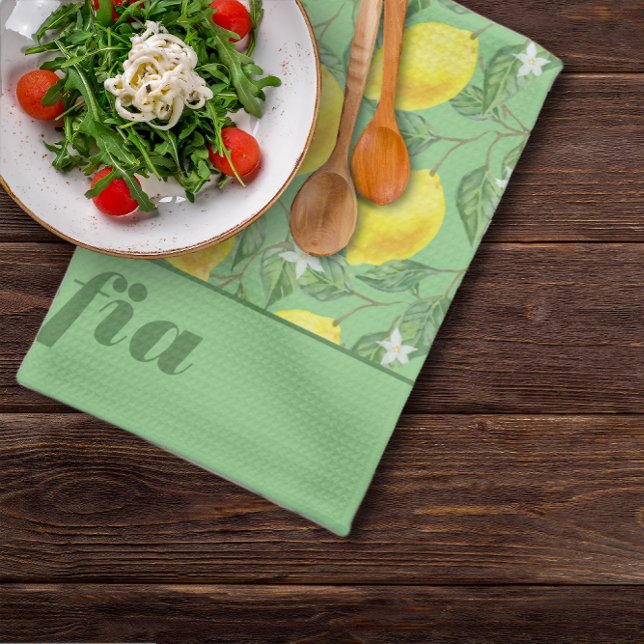 Lemon yellow pattern custom name green kitchen towel (Creator Uploaded)
