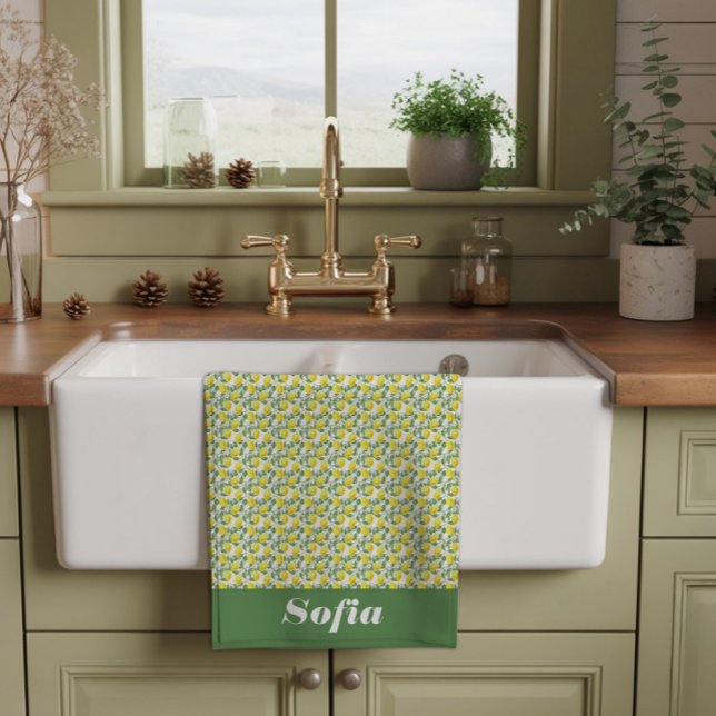 Lemon yellow pattern custom name  white kitchen towel (Creator Uploaded)
