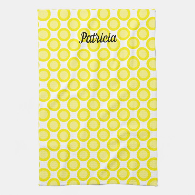 Lemon Yellow Polka Dots Custom Name Summer Fall Kitchen Towel (Vertical)