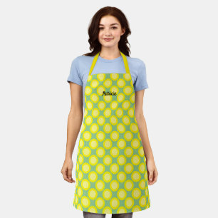Lemon Yellow Polka Dots Sage Green Custom Name Apron