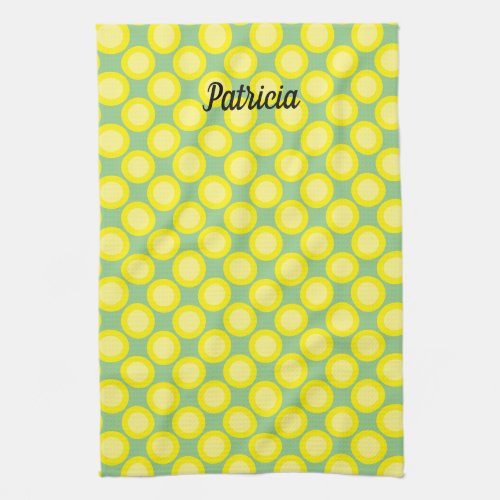 Lemon Yellow Polka Dots Sage Green Custom Name Kitchen Towel