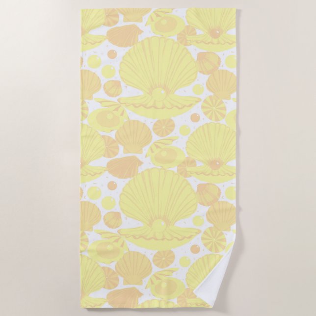 Lemon Yellow Seashell Pattern Coastal Beach Towel (Front)