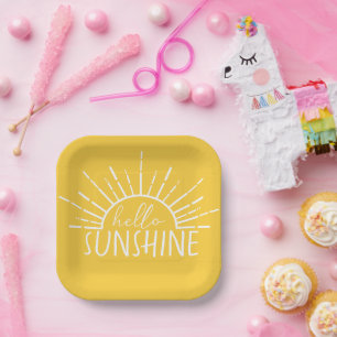 Lemon Yellow Simple Modern Hello Sunshine Paper Plates