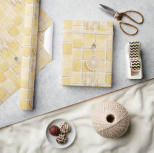 Lemon Yellow Squares Cream Dream Catcher Birthday Wrapping Paper