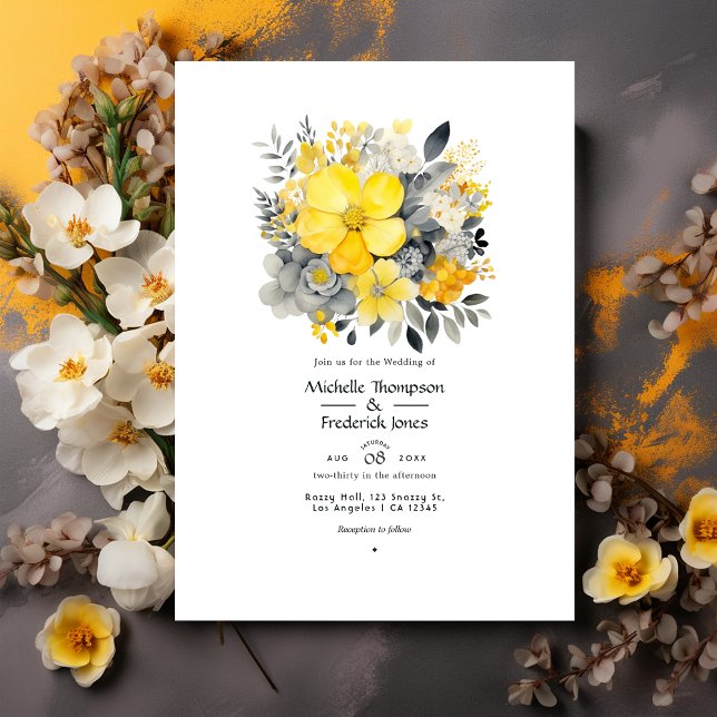 Lemon Yellow, Stormy Gray and Light Gray Wedding Invitation (Creator Uploaded)