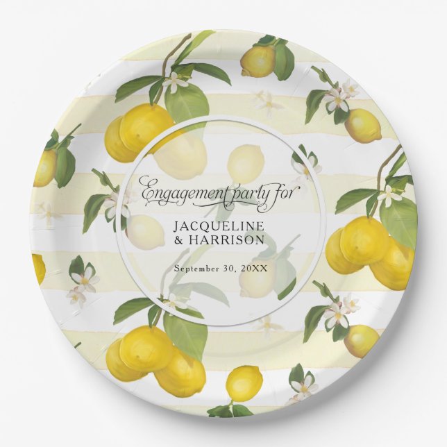 Lemon Yellow Stripe Citrus Floral Engagement Party Paper Plates (Front)