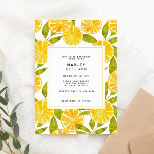 Lemon Yellow Stripe Citrus Leaf Bridal Shower Invitation