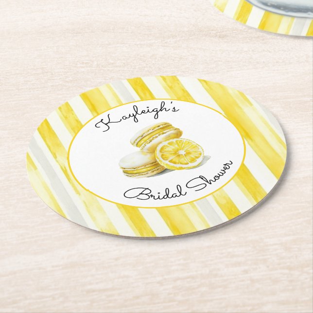 Lemon Yellow Stripes Macarons Bridal Shower  Round Paper Coaster (Angled)