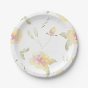 Lemon Yellow Watercolor Flowers Bridal Shower Paper Plates