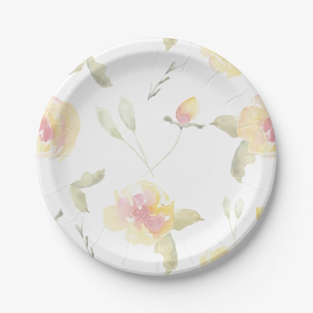 Lemon Yellow Watercolor Flowers Bridal Shower Paper Plates (Front)