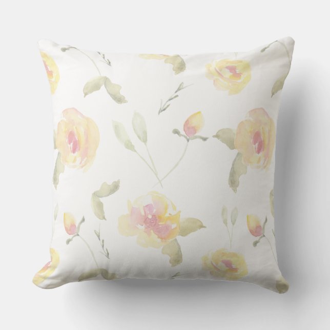 Lemon Yellow Watercolor Flowers Throw Pillow (Front)