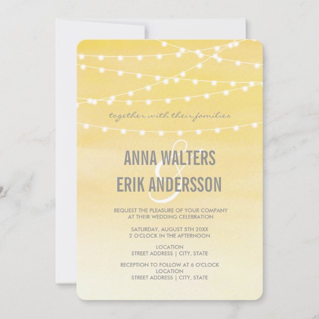 Lemon Yellow Watercolor String Lights Invitation (Front)
