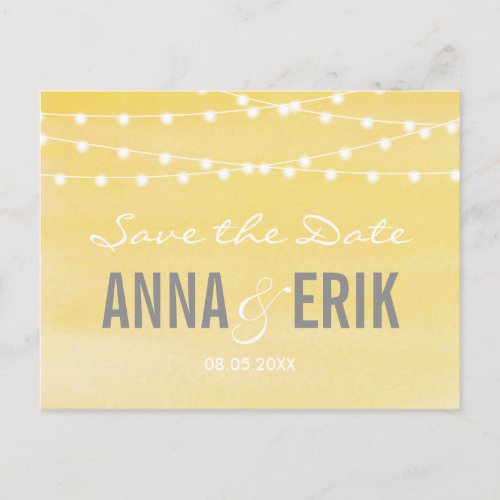 Lemon Yellow Watercolor Stringlights Save The Date Announcement Postcard