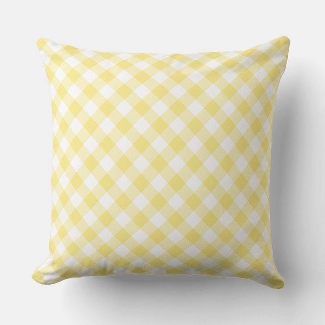 Lemon Yellow White Diagonal Check Gingham Pattern Throw Pillow (Front)