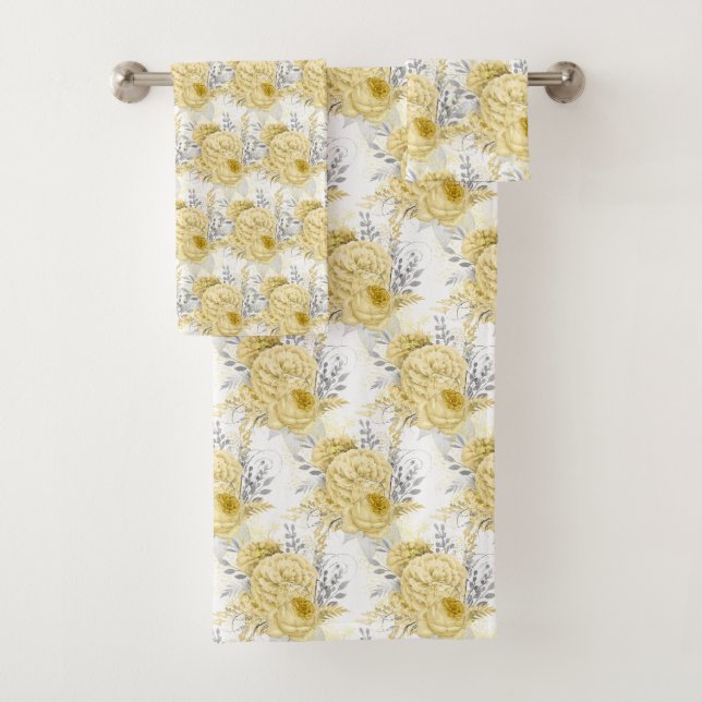 LEMON YELLOW WHITE FLORAL BATHROOM TOWEL SET (Insitu)