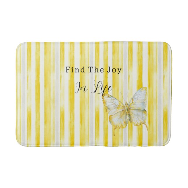 Lemon Yellow White Stripes Butterfly Find Joy Bath Mat (Front)
