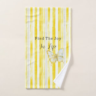 Lemon Yellow White Stripes Butterfly Find Joy Hand Towel