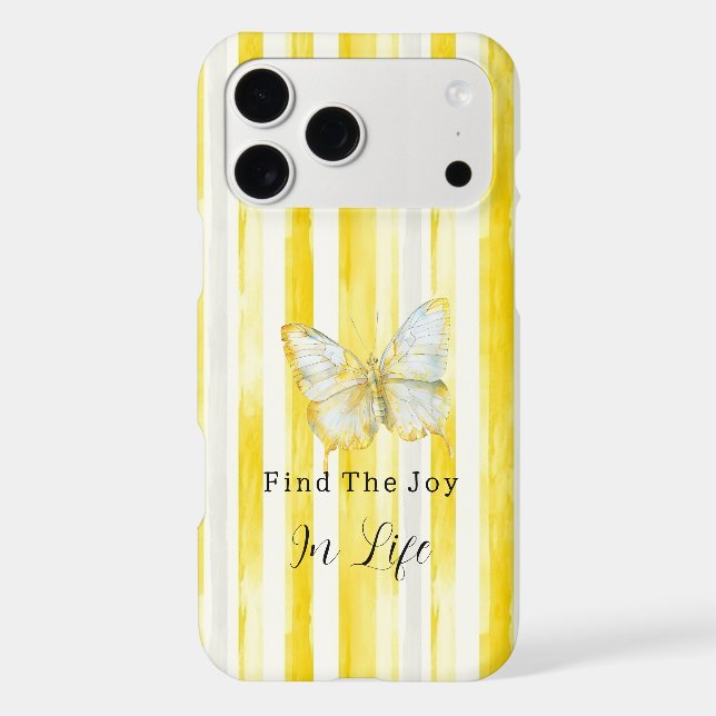 Lemon Yellow White Stripes Butterfly Find Joy iPhone Case (Back)