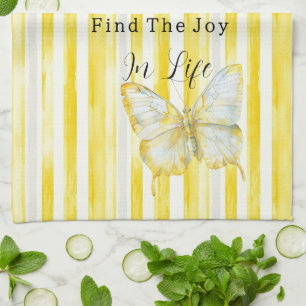 Lemon Yellow White Stripes Butterfly Find Joy Kitchen Towel