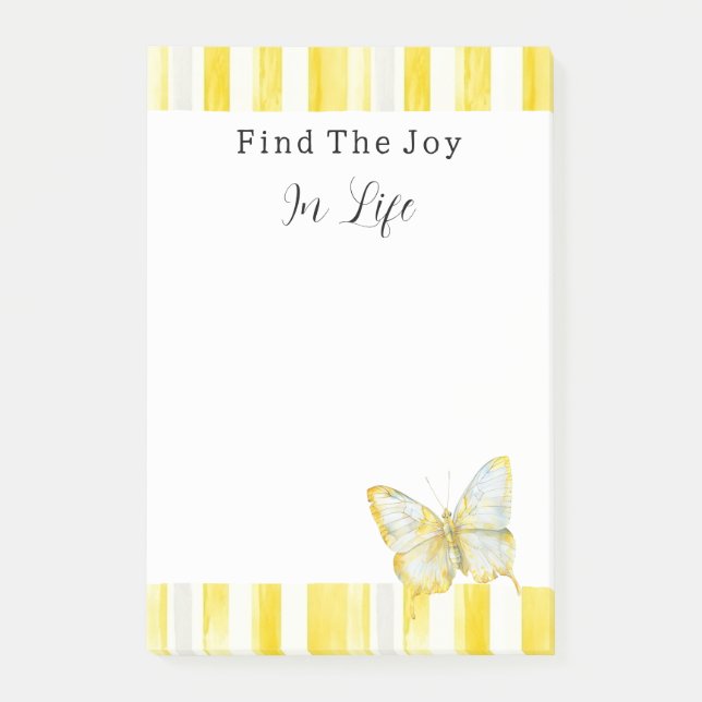 Lemon Yellow White Stripes Butterfly Joy Post-it Notes (Front)