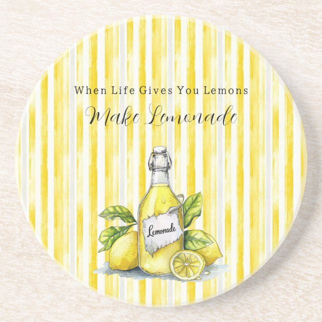 Lemon Yellow White Stripes Coaster (Front)