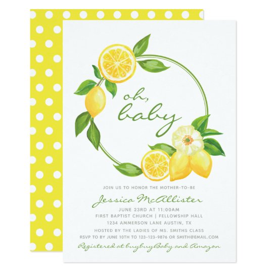 Lemon Yellow Wreath Citrus Polkadot Baby Shower Invitation Zazzle Com