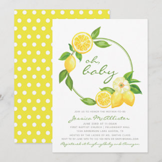 Lemon Yellow Wreath Citrus Polkadot Baby Shower Invitation