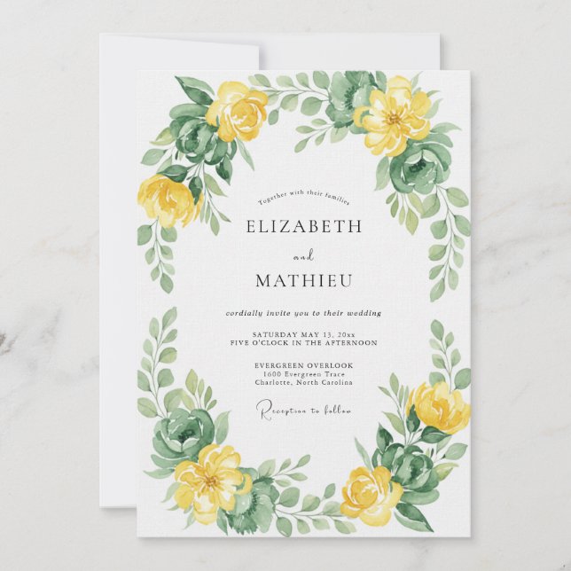 Lemon Yellow Wreath Wedding Invitation (Front)