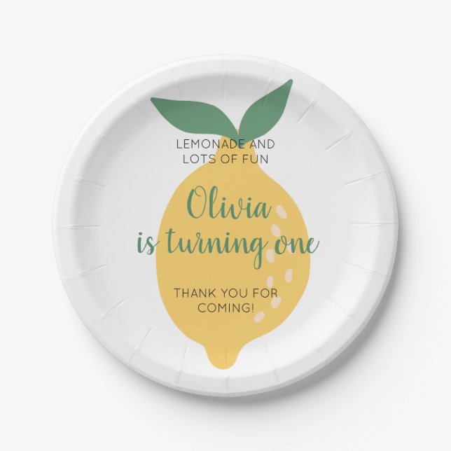 Lemonade and Turning One Lemon 1st Birthday Paper Plates (Front)