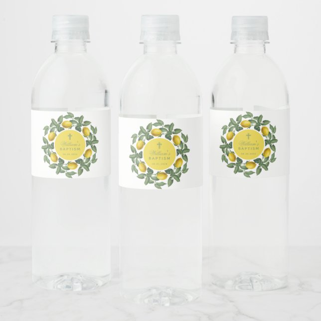 Lemonade Baptism Lemons Yellow Circle Botanical Water Bottle Label (Bottles)
