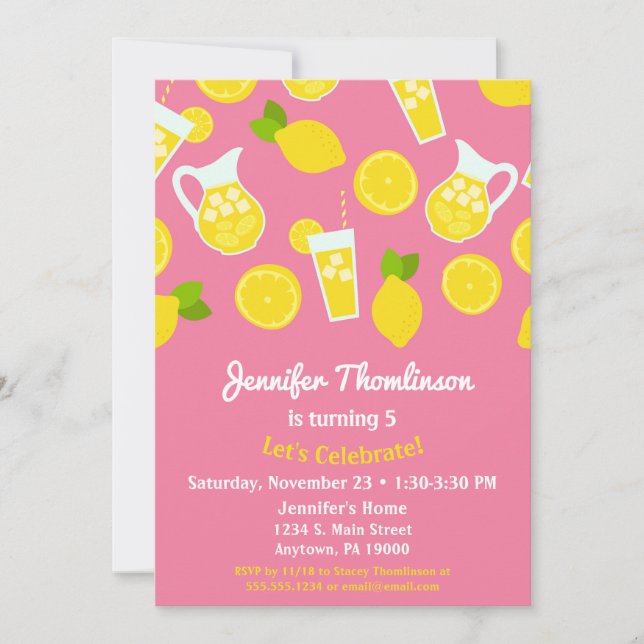 Lemonade Birthday Invitation Pink Summer Lemons (Front)