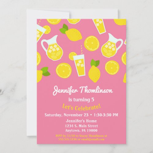 Lemonade Birthday Invitation Pink Summer Lemons