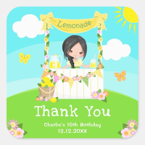 Lemonade Black Hair Girl Birthday Thank You Square Sticker