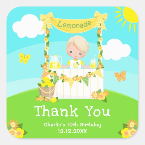 Lemonade Blonde Hair Boy Birthday Thank You Square Sticker