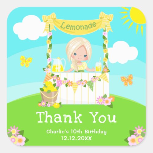 Lemonade Blonde Hair Girl Birthday Thank You Square Sticker