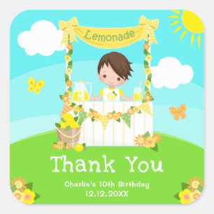 Lemonade Brown Hair Boy Birthday Thank You Square Sticker
