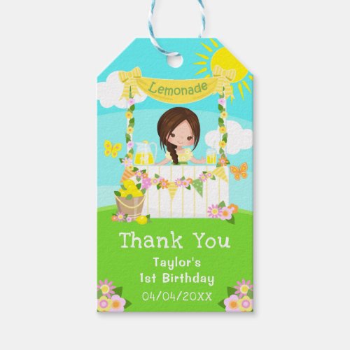 Lemonade Brown Hair Girl Birthday Thank You Gift Tags