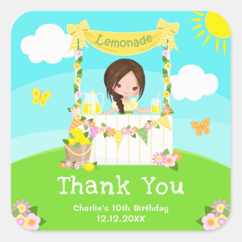 Lemonade Brown Hair Girl Birthday Thank You Square Sticker